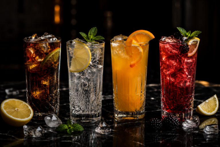 Assorted soft drinks with lemon, mint and orange garnish served at Maya Lounge
