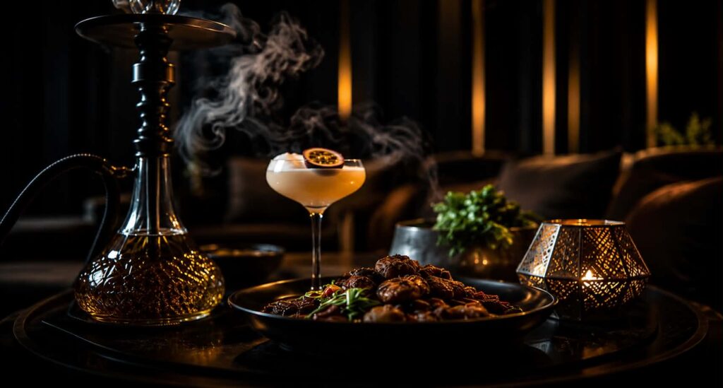 Shisha pipe with smoke beside a cocktail and food platter in the ambient lounge setting at Maya Lounge
